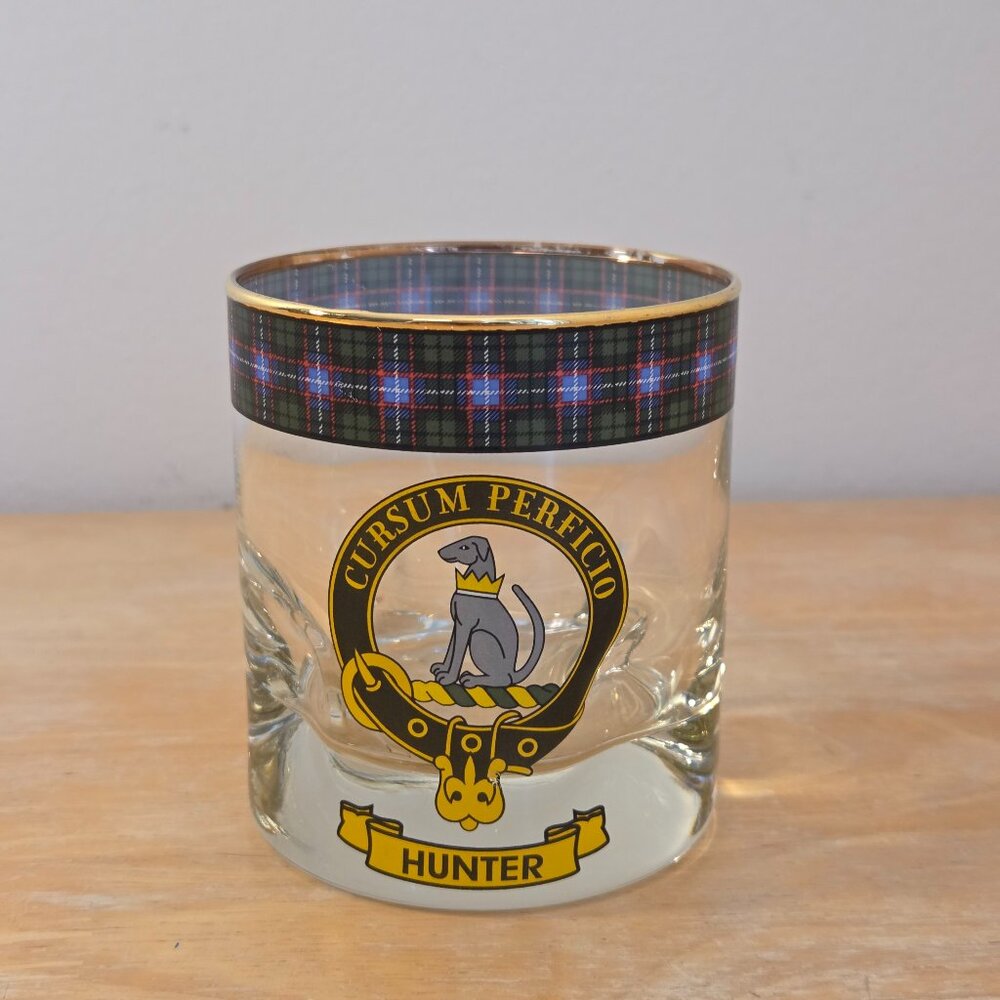 Vintage Clan Hunter Whisky Glass with Tartan Band and Gold Rim